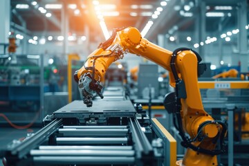 Poster - Industrial robot works automatically in smart autonomous factory. 