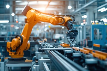 Poster - Industrial robot works automatically in smart autonomous factory. 