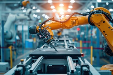 Poster - Industrial robot works automatically in smart autonomous factory. 