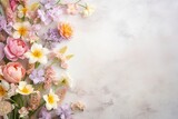 Fototapeta Kwiaty - Bunch of spring flowers on textured table backgound with a lot of copy space for text. Top view, close up, flat lay composition. - generative ai