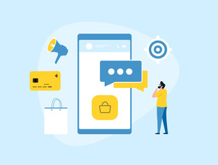 Fototapete - Messenger Marketing Strategies concept. Use messaging apps for digital marketing and business. Social media messenger digital advertising vector illustration isolated on blue background with icons