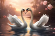 a pair of swans on a romantic background