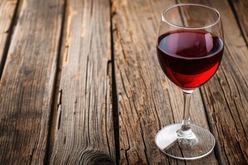 A close-up of an exquisite wine glass Filled with red wine On a rustic wooden table.