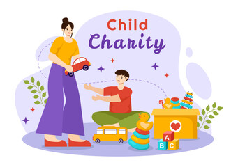 Wall Mural - Child Charity Vector Illustration of Charitable Support and Protection of Children with Toy Donation Boxes, Food and Medications Humanitarian Aid