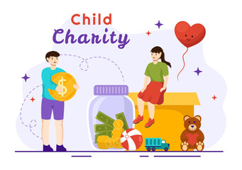 Wall Mural - Child Charity Vector Illustration of Charitable Support and Protection of Children with Toy Donation Boxes, Food and Medications Humanitarian Aid