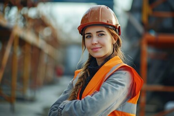 Wall Mural - Woman, construction worker and portrait with a smile for engineering and Arms crossed, 