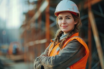 Canvas Print - Woman, construction worker and portrait with a smile for engineering and Arms crossed, 