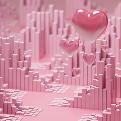 Wall Mural - heart 3D object design. Valentine scene geometric. 3D illustration. love romantic graphic. realistic rendering shape. abstract background decoration. copy space. pink pastel colour. happiness concept