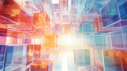 Poster - vibrant 3d rendering: abstract colorful background with transparent cubes installation