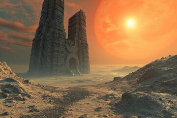 ancient alien temple on a deserted planet with twin suns