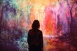 person standing in front of a large and vibrant abstract painting