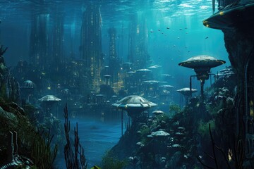 underwater city on an oceanic alien planet with exotic marine life