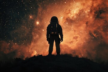 silhouette of a lone astronaut standing on a barren alien planet distant stars and galaxies visible