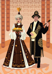 Vector illustration of a man in a Kazakh national costume on the background of ornaments and traditional Kazakh symbols