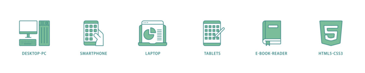Responsive web design icon set flow process which consists of tablets, html5 css3, e book reader, laptop, smart phone, desktop pc icon live stroke and easy to edit 