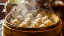 Hot Steaming Dumplings In Bamboo Steamer Traditional Cuisine
