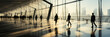 Open lobby-office space. . Modern architecture. Lots of natural light. Office workers walking through office space wearing high-end expensive business suits. Blurred image. Motion blur