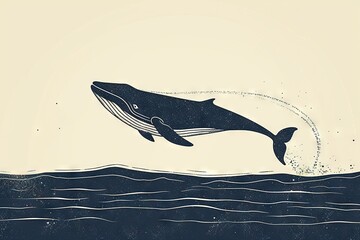 Wall Mural - Minimal beautiful drawn diving whale. Vintage retro vibes. Birth Card inspiration.