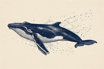 Wall Mural - Minimal beautiful drawn diving whale. Vintage retro vibes. Birth Card inspiration.