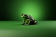 A green frog is seen sitting on a green surface, its form detailed and lifelike.