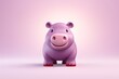 A cute, purple piggy bank is seen sitting on a white floor.