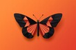 A black and red butterfly is seen against an orange background, its form resembling a low-poly paper craft.