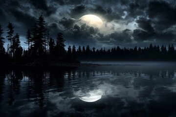 Wall Mural - Ominous full moon reflecting on a still lake. Halloween spooky background