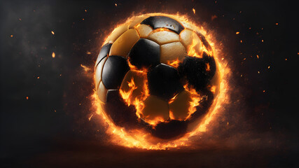 Burning soccer ball. Fire embers particles over black background. Fire sparks background