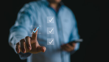 Poster - Business performance checklist, businessman using phone doing online checklist survey, filling out digital form checklist, take an assessment, evaluation, online survey, questionnaire, online exam.