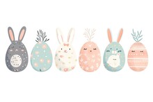 Minimalism And Abstract Cartoon Vector Very Cute Kawaii Easter Clipart, Organic Forms, Desaturated Light And Airy Pastel Color Palette, Nursery Art, White Background.