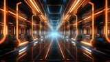 Fototapeta Przestrzenne - Neon laser sci-fi corridor interior design. Visualization of a science fiction spaceship indoor hallway.
