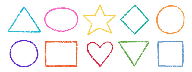Poster - Crayon, chalk kid frame set. Round, square, heart shape hand drawn crayon texture vector color frame element. Chalk, pastel pencil kid craft paint style square, star border. Vector illustration.