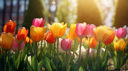 Wall Mural - background with front yard tulip garden bright color