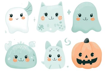 Wall Mural - Minimalism and abstract cartoon vector very cute kawaii halloween clipart, organic forms, desaturated light and airy pastel color palette, nursery art, white background.