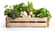 wooden crate with fresh vegetables on white background