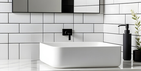 Wall Mural - White ceramic sink and matte black faucet. Minimalist interior design of modern bathroom.