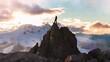 Adventure Man on top of Rocky Mountain Cliff. Aerial Canadian Mountain landscape from British Columbia in Background. 3d Rendering Peak.