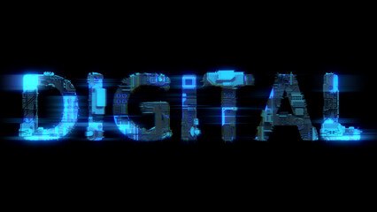 Poster - bokeh glitch electrical light cybernetical blue text DIGITAL, isolated - object 3D illustration