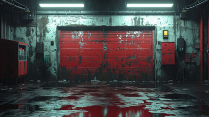 Poster -  an industrial building with a red wall and floor
