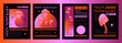 © klyaksun - Y2k retro style poster template with mushrooms and grid elements in bright neon gradient acid pink and black color. 2000s streetwear aesthetic banner layout with trippy graphic fungi and text box.