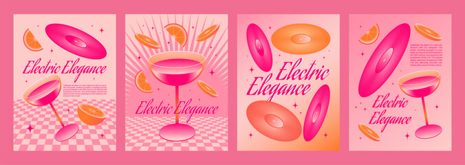 Poster - Y2k retro style poster template with cocktail in glass, vinyl records and orange slices in bright neon acid pink color. 2000s aesthetic banner layout with drink and music elements and text box.