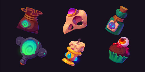 Aufkleber - Set of magic game assets isolated on black background. Vector cartoon illustration of old sack, bird skull, poison bottle, mirror portal, candle, muffin with spooky eyeball, Halloween design elements