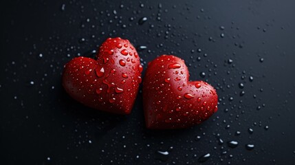  two red hearts sitting on top of a black surface with drops of water on the drops of water on them.