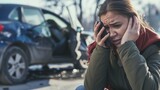 Fototapeta  - A young woman Distraught, Holding His Head in Despair, With her Damaged Car from the Accident Nearby.Uninsured motorist coverage concept.