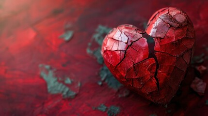  a broken red heart sitting on top of a piece of red paper with a crack in the middle of it.