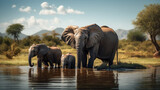 Fototapeta  - A beautiful golden photograph of a family herd of elephant drinking