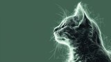 Fototapeta  -  a black and white photo of a cat with its head turned to the side, looking up at something on a green background.