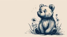  A Black And White Drawing Of A Teddy Bear Sitting In A Field Of Grass With Daisies In The Background.