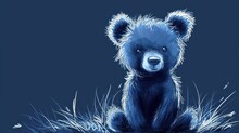  A Drawing Of A Blue Teddy Bear Sitting On The Ground With Grass In The Foreground And A Dark Blue Background.