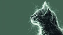  A Black And White Photo Of A Cat With Its Head Turned To The Side, Looking Up At Something On A Green Background.